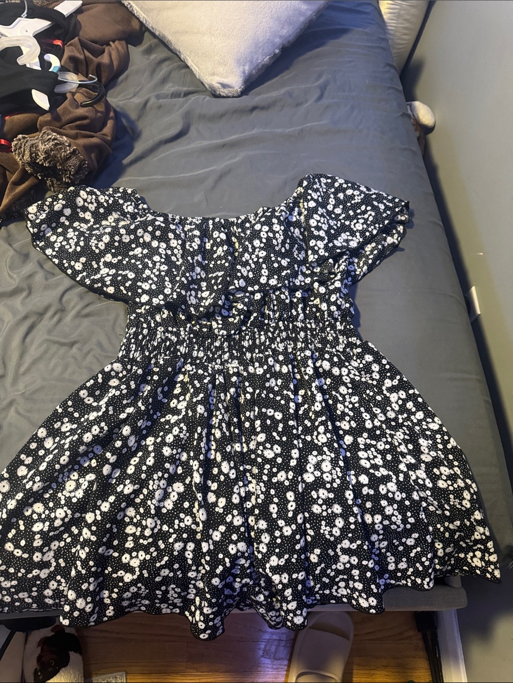 SHEIN Black White Floral Ruffle Off-Shoulder Dress